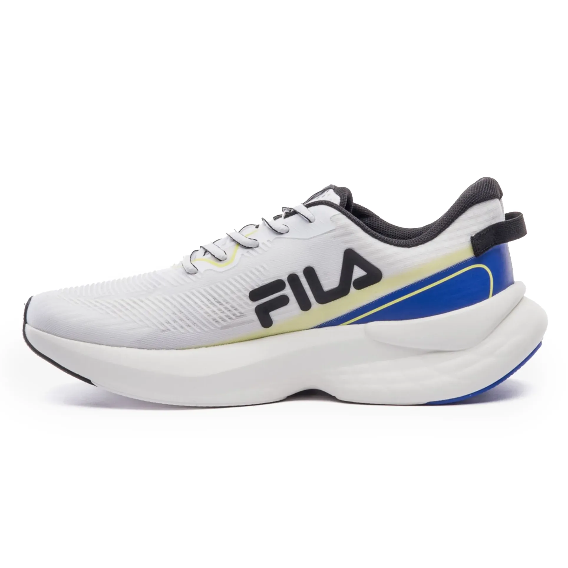 Vista lateral do tênis FILA masculino branco com detalhes em azul royal e limão